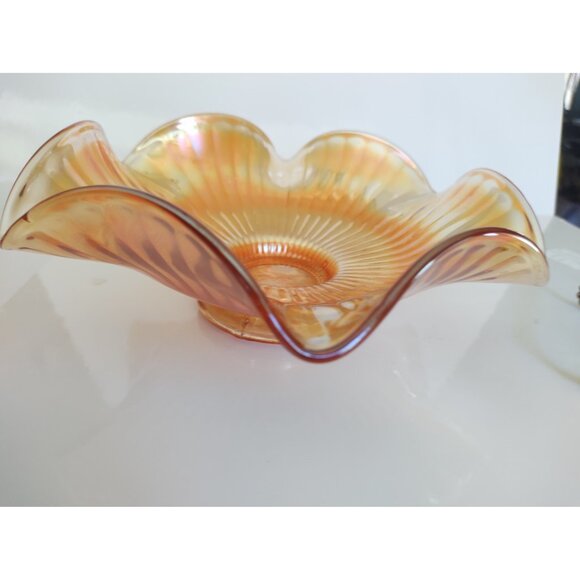 Vintage Marigold Ribbed and Ruffled  Iridescent Carnival Glass 9 1/4-Inch Bowl - Picture 11 of 11